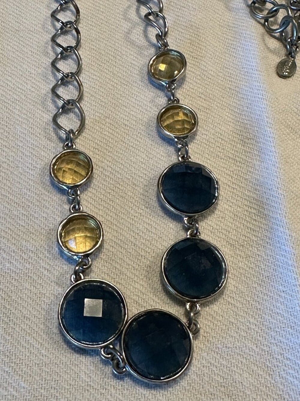 Chico's Silver Tone Statement Necklace Blue and Golden Yellow Facented Stones